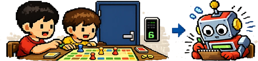 ロボットのあそびログが、ボードゲームを遊ぶお客さん2人を横から凝視しながら、手元の板に必死に記録をつけている