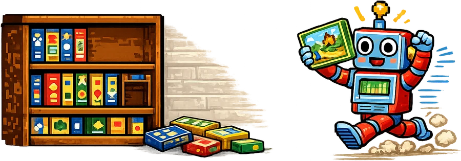 ボードゲームの箱が並んだ棚から、ロボットのあそびログが1つの箱を選んで走ってくる