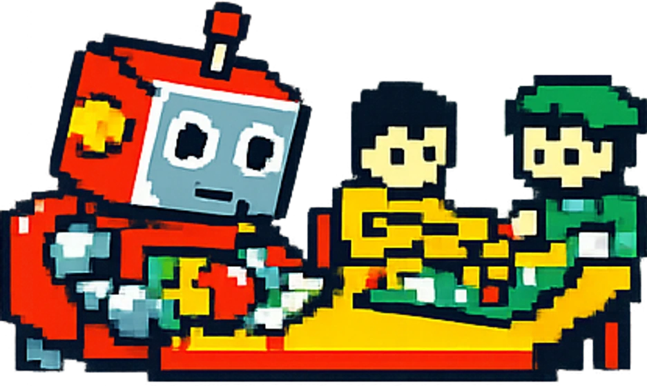 ロボットのあそびログが、テーブルでボードゲームを遊ぶ2人を横で見ている