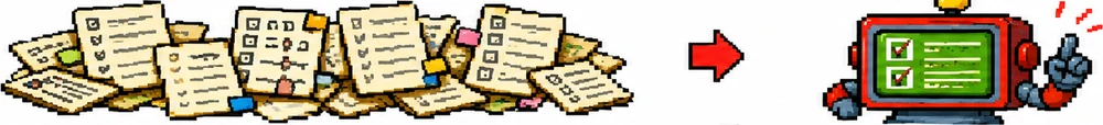 手書きのメモ用紙が山積みになっていて、矢印の先でロボットのあそびログが胸の画面に整列したデータを表示している