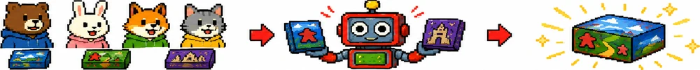 4匹の動物とそれぞれのゲームの箱が並び、ロボットのあそびログが2つの箱を見比べて、1つの箱が光って選ばれている