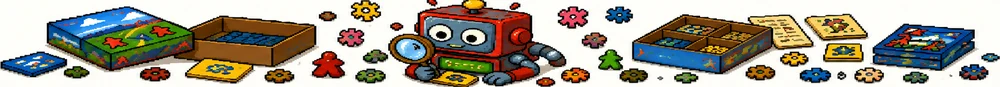 ロボットのあそびログが、分解したボードゲームの箱と部品に囲まれて虫めがねで覗き込んでいる