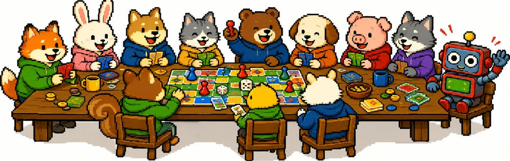長いテーブルをたくさんの動物が囲んでボードゲームを遊んでいて、端でロボットのあそびログが手を振っている