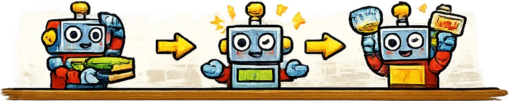 ロボットが3体。左は台帳を抱え、中央は頭上に電球を光らせ、右はジュースと引換券を掲げている