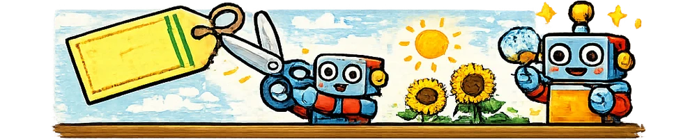 ロボットが大きな値札にハサミを入れて切り縮めている。横にひまわりとうちわを持った人