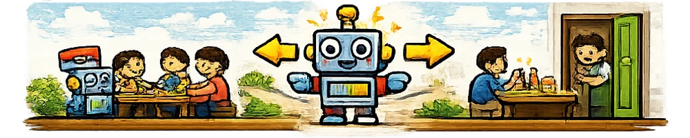 分かれ道の真ん中にロボットが立ち、自分たちで遊ぶグループと、店の人がルールを教えるグループの両方を指さしている