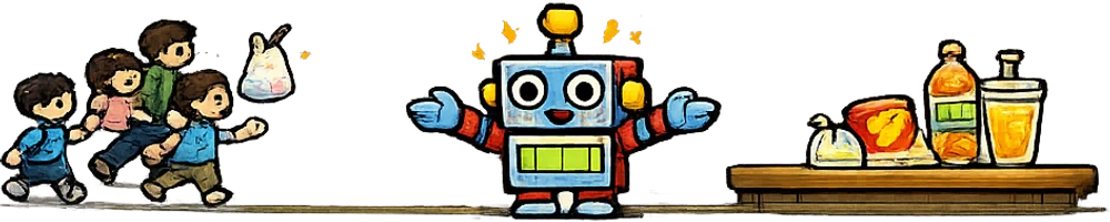 コンビニの袋を提げた人が歩いてきて、ロボットが迎え、右のテーブルにお菓子とドリンクが並んでいる