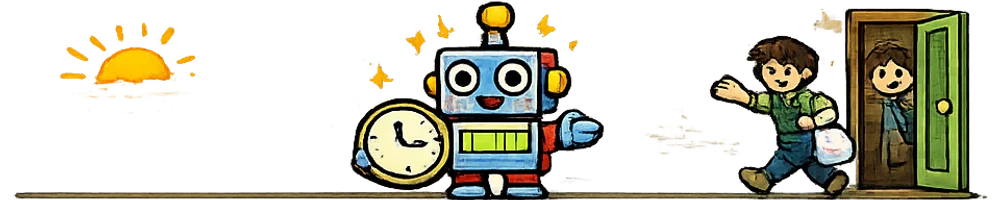 左に朝日、中央でロボットが大きな丸時計を抱えて立ち、右にドアと人がいる