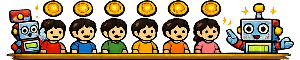 お客さん6人が横一列に並び、それぞれの頭上にコインが1枚ずつ。横でロボットが指さしている