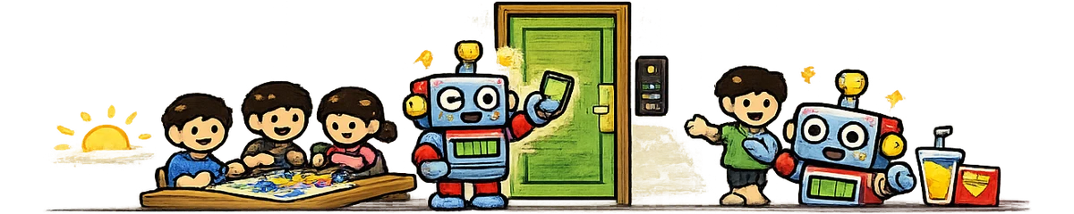 朝日のもとでテーブルを囲みボードゲームを楽しむお客さんたちと、それを誇らしげに見せるロボット。テーブルには持ち込んだドリンクとお菓子