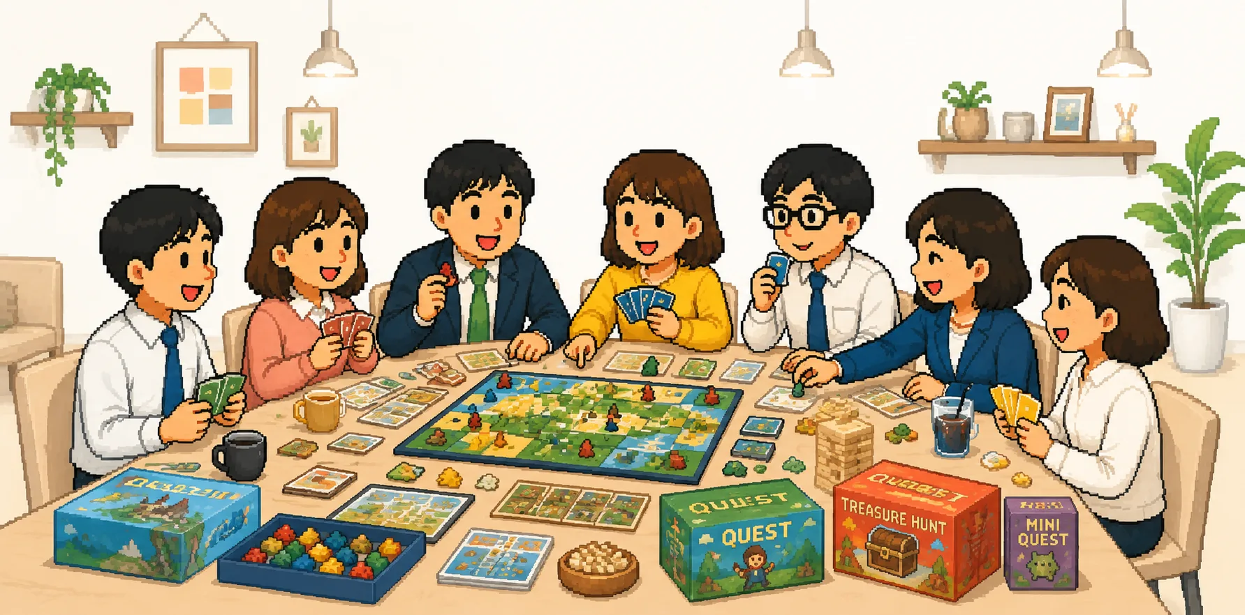 会社の懇親会でボードゲームを遊ぶ様子